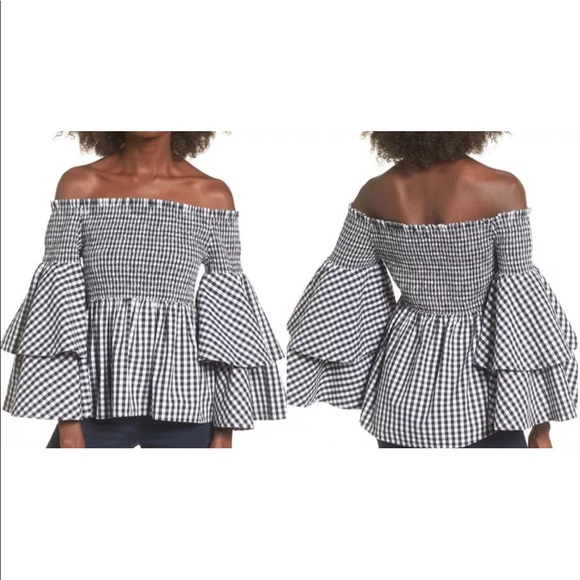 OFF THE SHOULDER RUFFLE SLEEVES BLACK & WHITE TOP - Picture 2 of 3